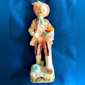 Vintage Porcelain glazed bisque boy figurine holding fruit basket 8in tall #03